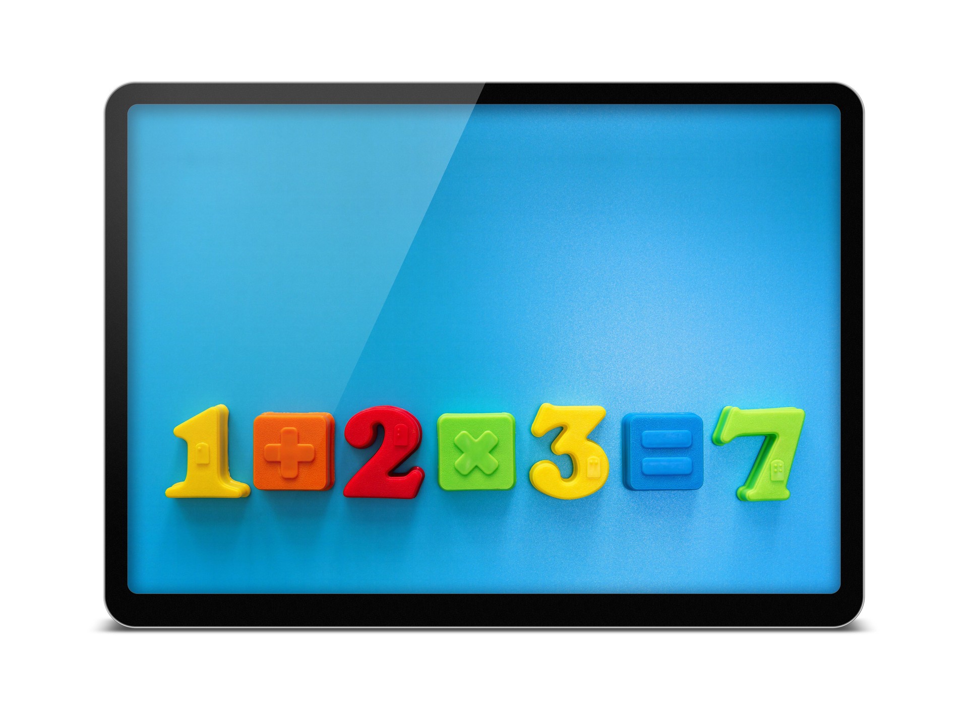 (Clipping path) Mathematical symbol toys in digital tablet isolated